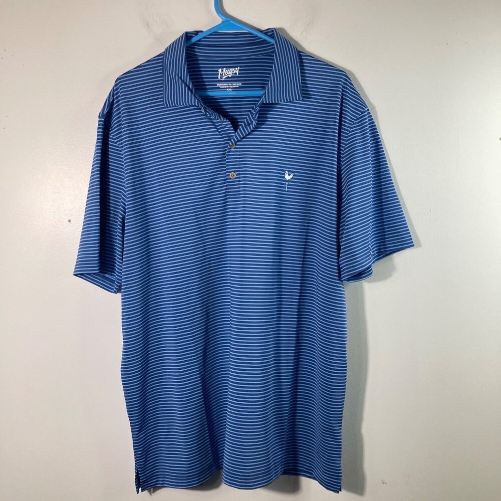 Mens Mugsy Golf Polo Shirt Shirt‎ Sleeve Striped Blue 2XL Polyester Spandex